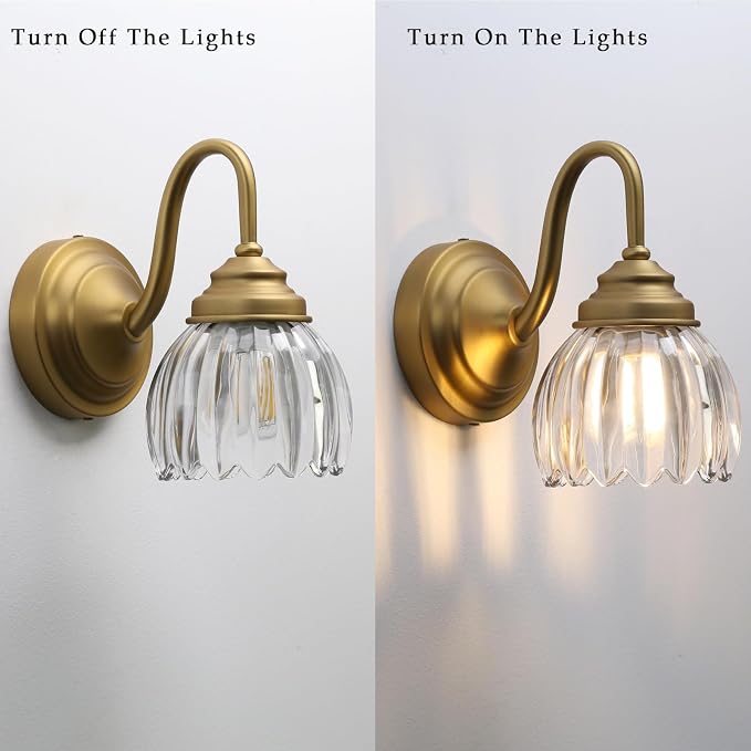 Phansthy Vintage Brass Boho Wall Sconces, Hardwired Wall Lights with Tulip Glass Lampshade, Brass Vanity Lamp Modern Wall Lighting Fixtures for Bedroom, Living Room, Hallway (Antique + Clear Shade)