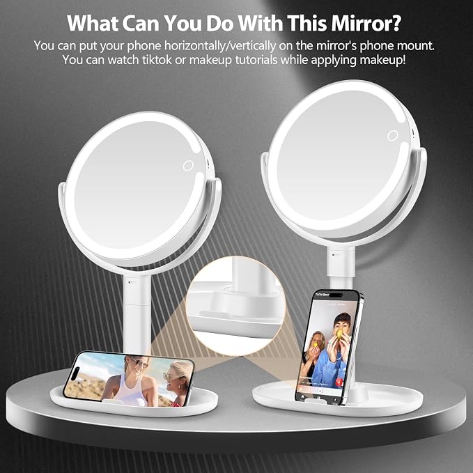 MIYADIVA Makeup Mirror with Lights, 30X Magnifying Mirror with Light and Touch Switch, Rechargeable Vanity Mirror with 3 Color Light and 80 LEDs, Height Adjustable Desk Mirror for Bathroom, Gift Idea