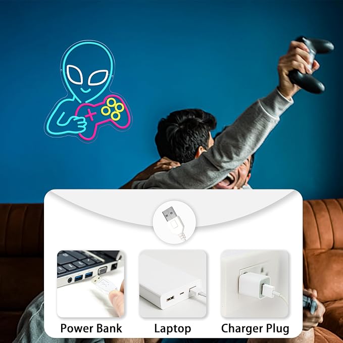 Alien Game Neon Sign Ice Blue Alien Neon Light for Wall Decor Dimmable Game Neon Sign Gaming Controller Light Up Sign for Bedroom Bar Room(16.14 * 12.8)