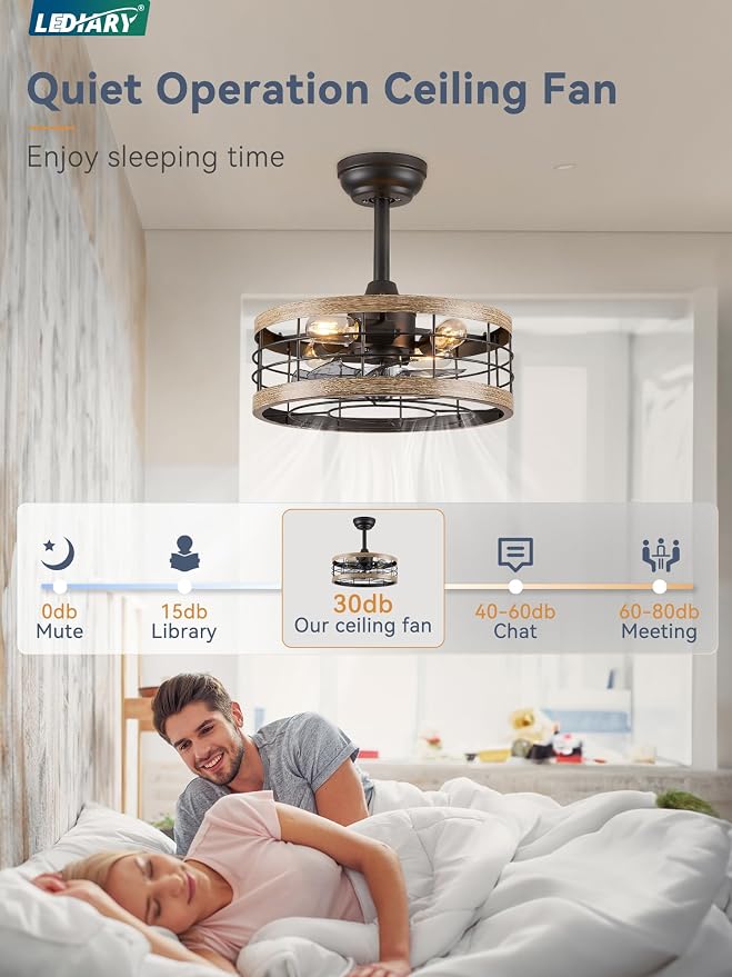 LEDIARY 16.5 inch Caged Fandelier Ceiling Fan Light with Remote, Brown | 6 Speed Adjustable,Timing, Quiet & Powerful DC, Small, Farmhouse, Industrial, Enclosed, Bladeless, Bedroom, Kitchen, Downrod
