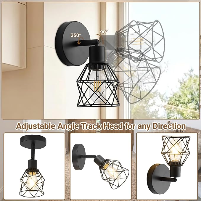 LOUSACE Black Track Lighting Fixture, 1-Light Adjustable Spot Light Fixture with Metal Wire Cage for Ceiling Bedroom Bedside Hallway, E26 Base