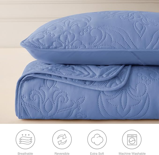 Whale Flotilla King Quilt Bedding Set Vintage Damask Reversible Bedspread | Suitable for Bed, 3 Pieces Bluish Grey Lightweight Breathable Quilt King Size, Ultrasonic Coverlet with 2 Pillow Shams