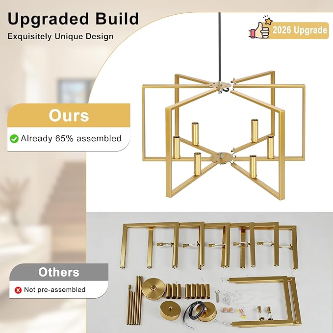 6 Light Gold Chandelier, Dining Room Light Fixture, Modern Farmhouse Industrial Metal Geometric Ceiling Light Rustic Hanging Pendant Lights with E12 base for Kitchen Island Entryway Foyer, Indoor