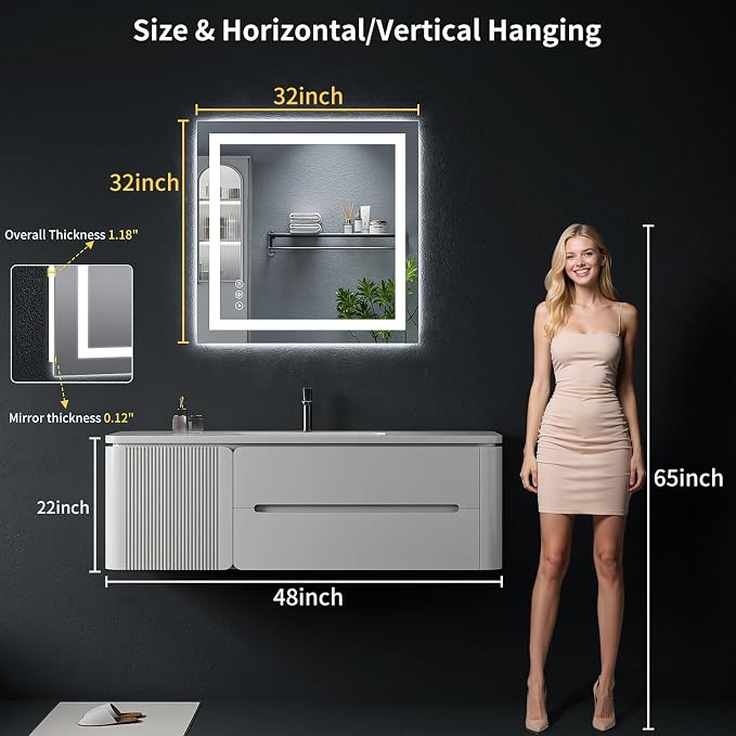 32"x32" LED Bathroom Mirror with Lights, Anti-Fog, Backlit+Frontlit | CRI 95, Stepless Dimmable, 3 Colors Lighting, Shatterproof Tempered Glass, HD Reflection, Memory, (Horizontal/Vertical)
