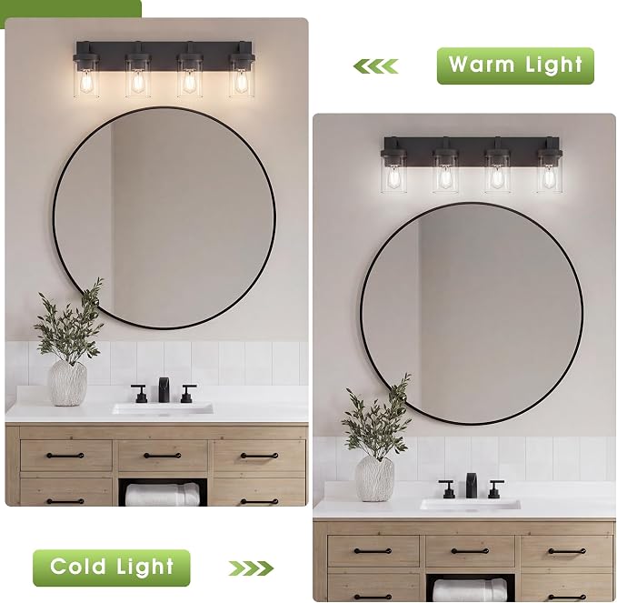 Bathroom Vanity Light, 4 Light Matte Black Vanity Light with Clear Glass Shade, 30in Farmhouse Vanity Light, Bathroom Lighting Fixtures Over Mirror for Bathroom
