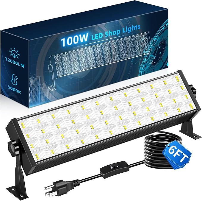 1 Pack 100W LED Shop Light, 12000LM 5000K Daylight | 6FT Cord & On/Off Switch, IP40, 180° Adjustable, Plug in Work Light, For Workbench Workshop Garage Warehouses Basement Yard