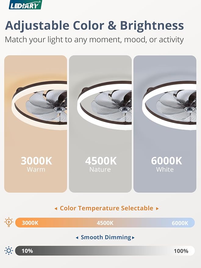LEDIARY 23" Low Profile Ceiling Fans with Lights, APP & Remote, Brown | Flush Mount, Dimmable LED, Quiet DC Motor, Reversible, 6 Speeds, Fandelier, for Bedroom