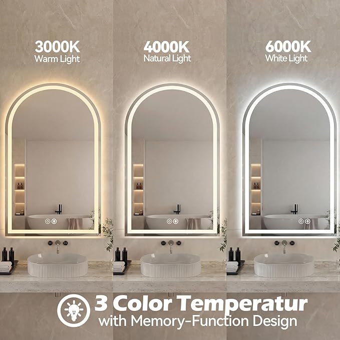 DUMOS 24"x36" LED Bathroom Mirror with Lights, Arched Vanity Mirror | Anti-Fog, Dimmable, 3-Color Light, Memory Function, Front Light and Backlit, Tempered Glass