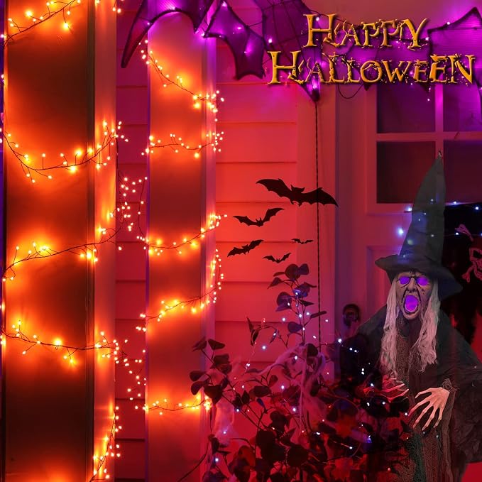 Halloween Fairy Lights Plug in, String Lights for Halloween Decorations | 10FT 200LEDs, 1 Pack with Remote, Orange, Waterproof Firecracker Lights for Ceiling Window Bar Haunted Theme Halloween Decor