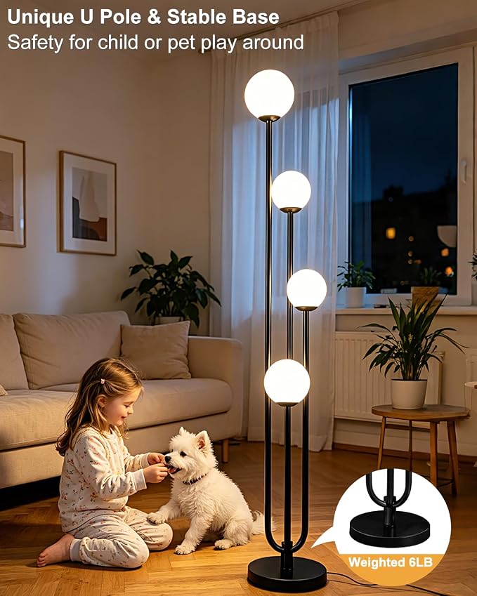 63IN 4-Light Dimmable Floor Lamp, Unique Black Tall Standing Lamps with Globe Shade &3000K Bulbs for Reading, Mid Century Modern Floor Lamp with 5Lbs Heavy Base for Living Room Bedroom Office