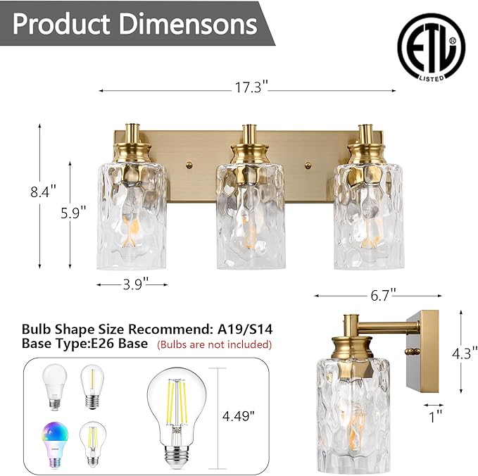3 Light Bathroom Vanity Light Modern Brushed Gold Bathroom Light Fixtures Over Mirror with Hammered Glass Lampshade for Kitchen Hallway