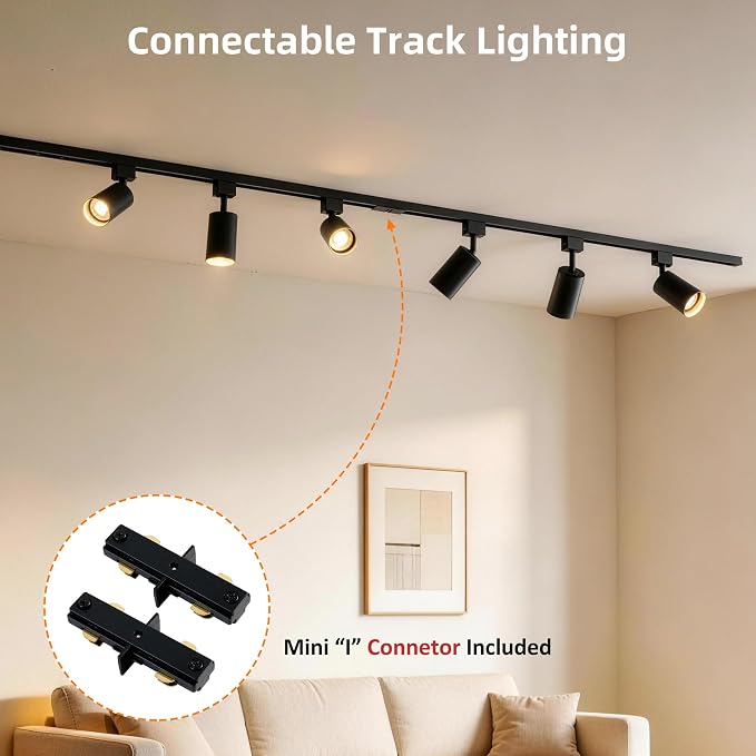 3-Color LED Track Lighting Kit with Floating Canopy Connector, 6-Light H Type Rail System with 6.6FT Rails, Dimmable GU10 Bulbs Included, Adjustable Ceiling Spotlights for Kitchen(6, Black)