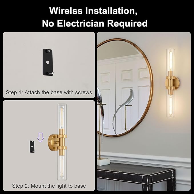 Gold Battery Operated Wall Sconce Set of 2, 12000mAh Rechargeable Wall Lights with Remote Control, Wireless Dimmable Wall Lamps for Bedroom Living Room Bathroom Hallway Stairwell