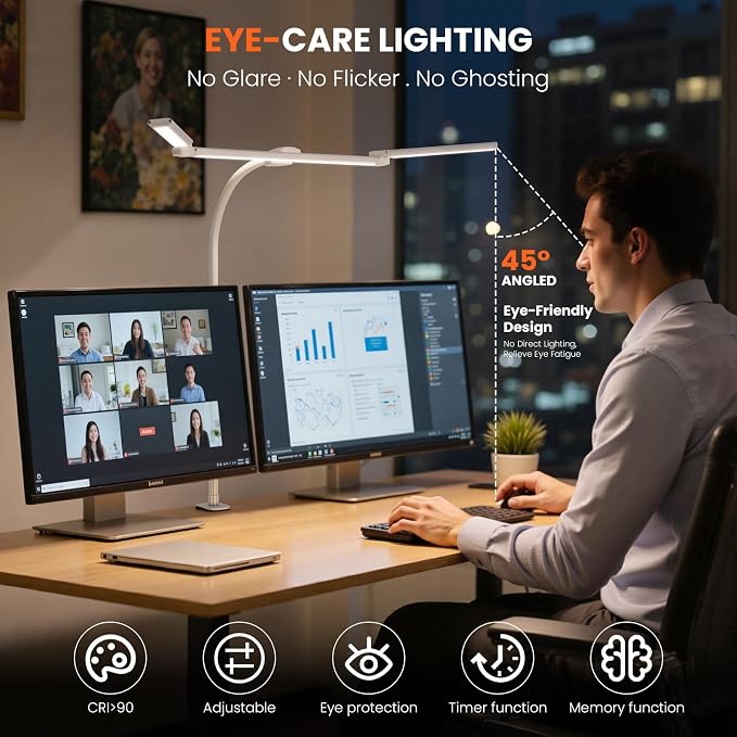 LED Desk Lamp for Office Home, Adjustable 3 Head Desk Light with Adapter | Computer Monitor Light with Clamp, Eye Caring Dimmable, Auto-off Timer Architect Desk Lamp for Reading Study Workbench White