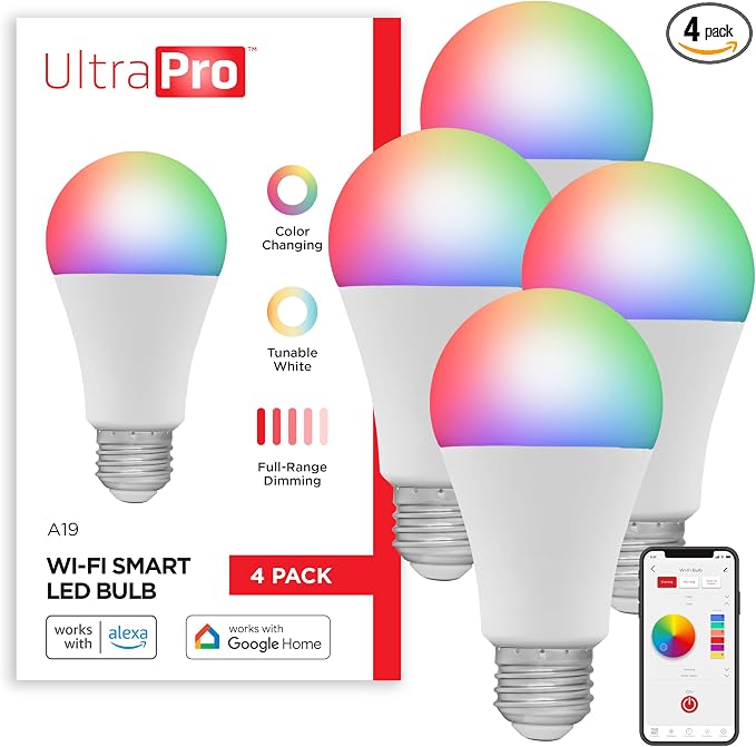 UltraPro Wi-Fi LED Smart Light Bulb, A19, 60W Equivalent, RGB, Color Changing, White Select Tunable 2700K - 6500K, Dimmable, 2.4GHz Router Required, Circadian Rhythm, Easy-to-Use App, 4 Pack, 51454