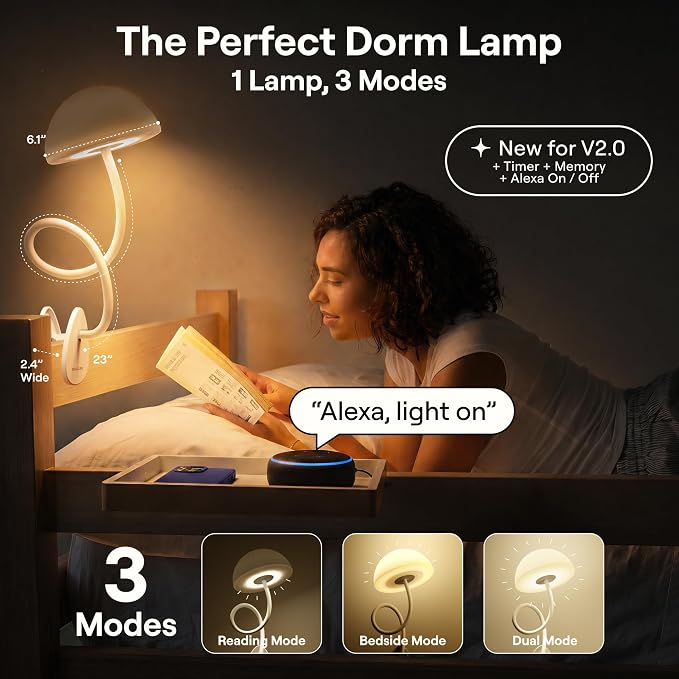Shroommate Clip On Light for Dorm Room - 2.0 (White) | Bed Headboard Lamp, Bedside Table Lamp Dorm, College Dorm Room Essentials, Night Light Kids Nursery, MultiColor LEDs