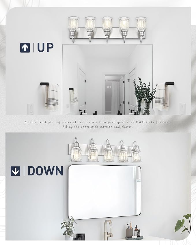 Bathroom Light Fixtures, HWH 5-Light Vanity Light, Modern Brushed Nickel Wall Lighting Over Mirror, Bell-Shaped Striped Glass, 5HZG106B-5W BN