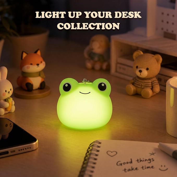 UNEEDE Mini Frog Night Light with Lanyard, 8 Color Changing Rechargeable | Portable Mini Kids Night Light , Soft Silicone Cute Lamp for Bedroom & Camping,Gifts
