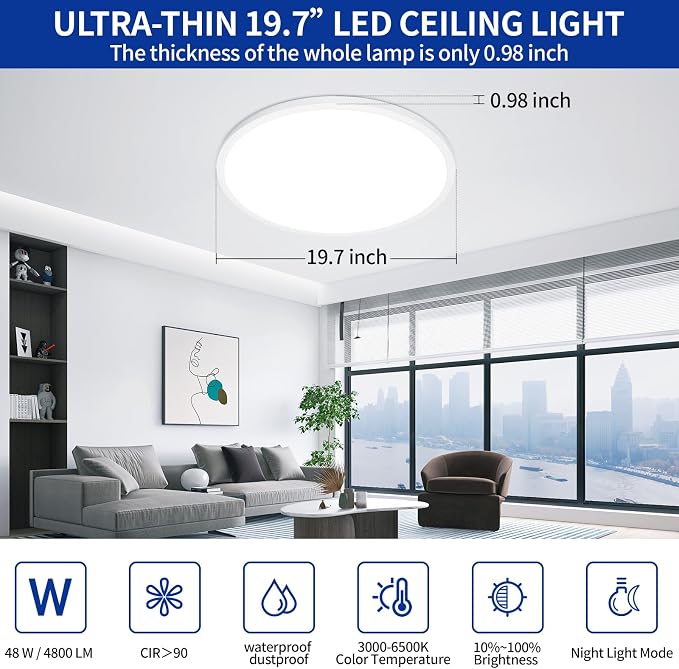 20 inch Dimmable Led Flush Mount Ceiling Light Fixture with Remote Control | 48W 4800LM, Ultra Thin, Modern, Round, White Large Ceiling Lamp for Kitchen Dining Room Bedroom Living Room Home Office