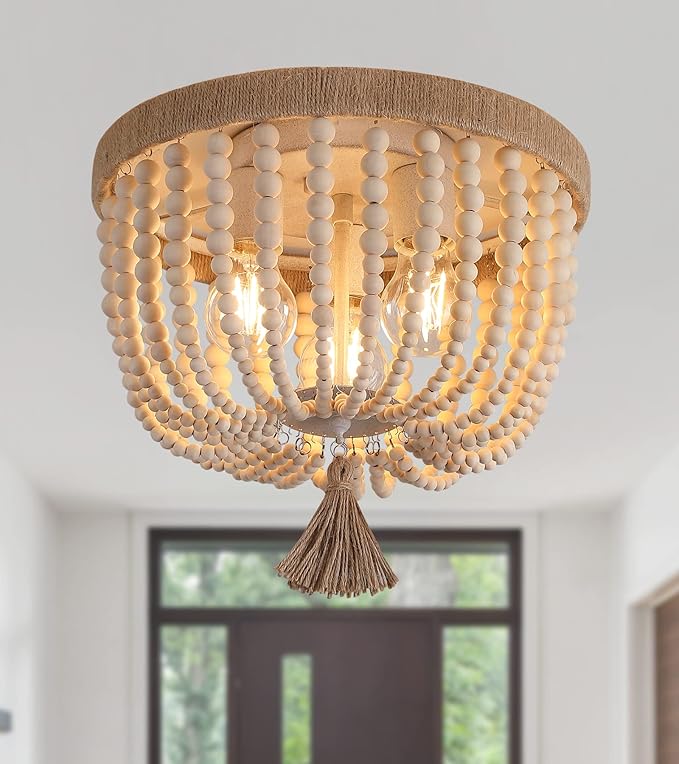 AMZASA Boho Flush Mount Ceiling Light Wooden Beaded Hepm Rope Oak Withe Farmhouse Beaded Chandelier Light Fixture 3 Lights for Nursery Bedroom Hallway Entryway