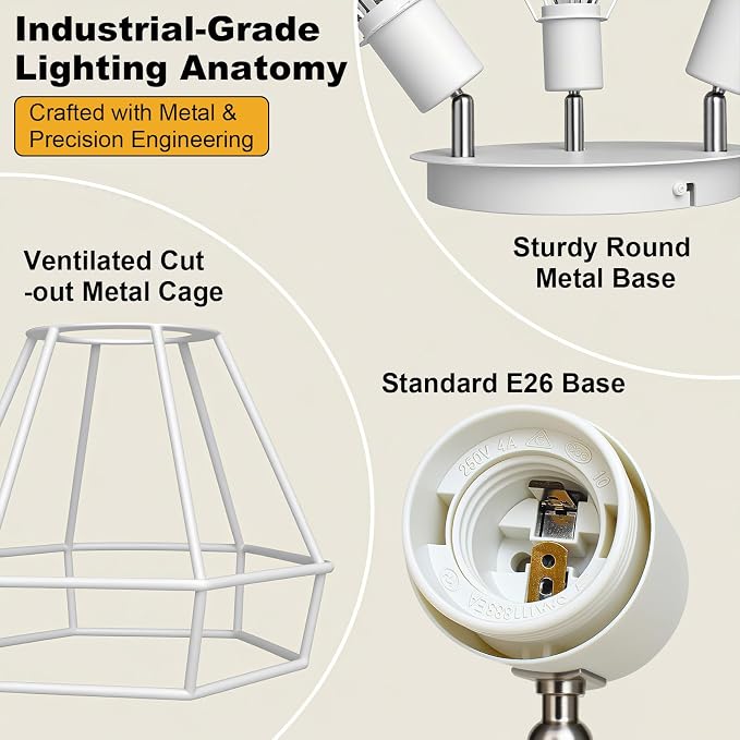 HiBay 3-Light Ceiling Track Lighting Fxiture White, Modern Spotlight, E26 | Rotatable 3 heads with farmhouse metal cage shade for kitchen bedroom dining room, bulb not included