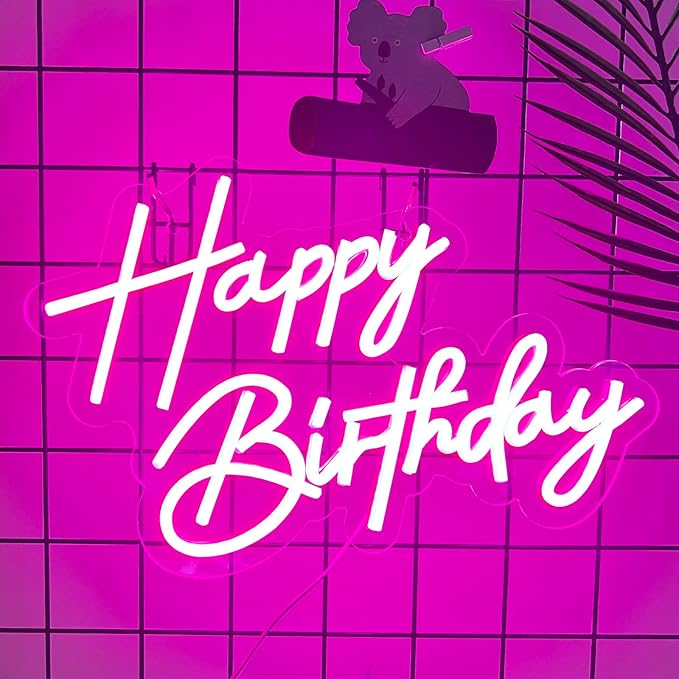Happy Birthday Neon Sign for Wall Decor, 17×12 Inch Pink Led Neon Light Signs, Art Decoration Happy Birthday Neon Light Sign for All Birthday Party Decoration with 2 Pcs pasters