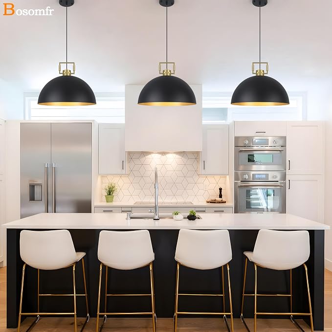 16" Farmhouse Pendant Light Fixture for Kitchen Island Black and Gold Large Dome Chandelier Light Modern Industrial Pendant Light Fixtures for Kitchen Island, Hallway, Dining Room, Bedroom