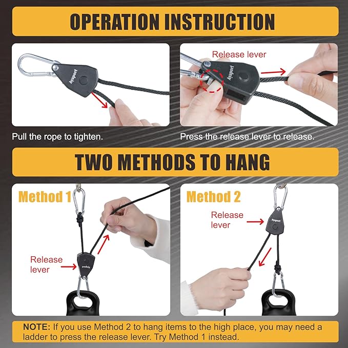 Ayaport Adjustable Rope Hanger Grow Light Hanger, 1/4 Heavy Duty Plant Pulley Rope Tightener Ratchet Tie Down for Kayak, Tarp, Tent Tie Downs, Hanging Plants, Filters, Fans