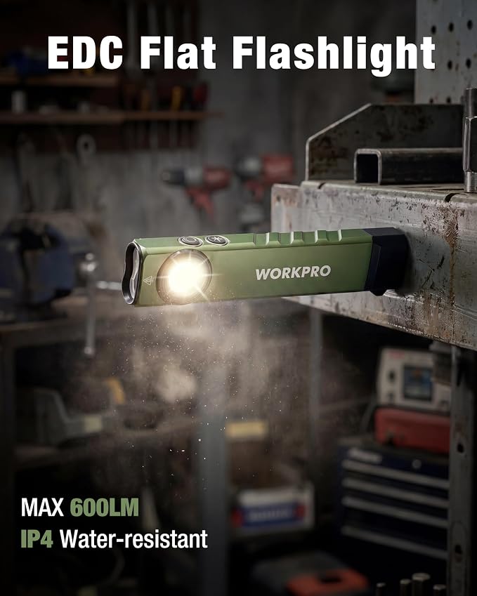 WORKPRO Rechargeable Pocket Flashlight, Magnetic EDC Light with UV, Green | Compact, 600 Lumens LED & UV Light, 2 Magnetic Bases, Pocket Clip, 7 Modes, Camping, Garage, Repair & Emergency Use