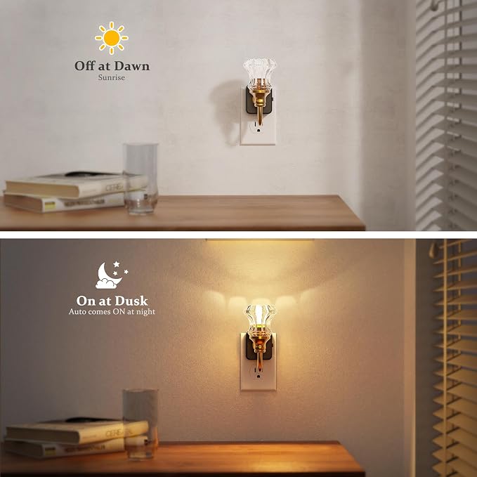 JandCase Night Light, Night Lights Plug into Wall, Glass Floral Nightlight | 0-100LM Dimmable LED Flower Nightlights, Dusk to Dawn Sensor, 1W Vintage Nite Light for Bathroom Hallway Gift Vanity Decor