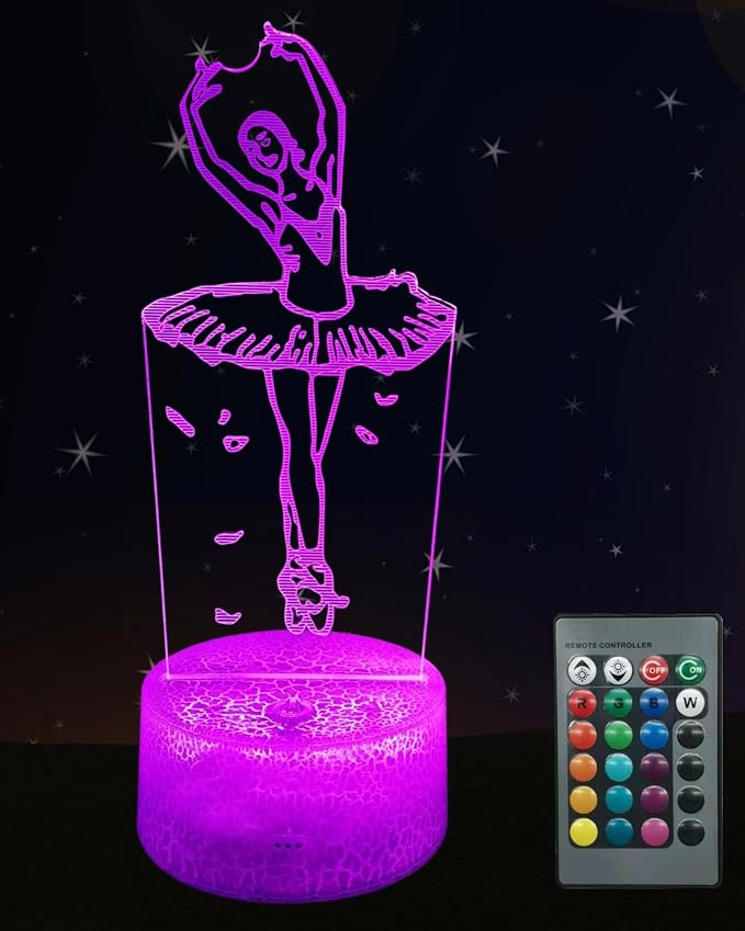 Ballet Dance Gift 3D Illusion LED Night Light, Ballerina Style | 16 Colors Changing, Dimmable, Touch & Remote Control, Girl Bedroom Room Décor, Christmas Birthday Toy Lamp for Kid Teen Women