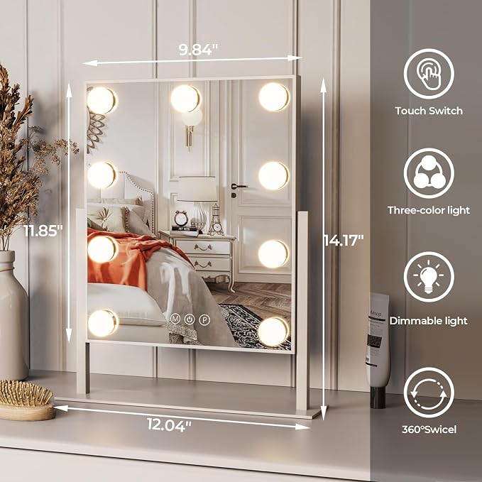 ZL ZELing Vanity Mirror with Lights,Makeup Mirror with Lights,Light up Mirrors with Smart Touch 3 Colors Dimmable,Mirror with Lights with 360° Rotation