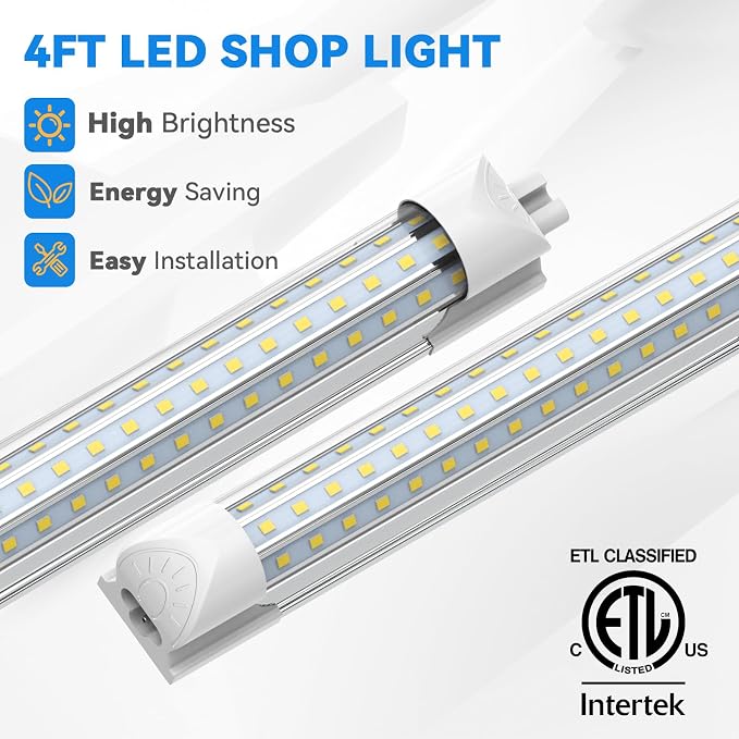 CNSUNWAY 4FT LED Shop Lights, 50W 7500LM D Shape, ETL Listed 8 Pack | 6500K Daylight White, plug-and-play T8 integrated design with clear cover and linkable setup for garages and workshops.