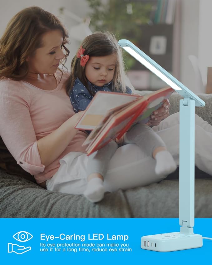 LED Desk Lamp, Power Strip with 4 USB 3 Outlets, Dorm Room Essentials, Blue | One Beat 4 Modes 5 Level Brightness Touch Lamp, Small Desk Lamp for Home Office College Dorm Essentials, Study Reading Light