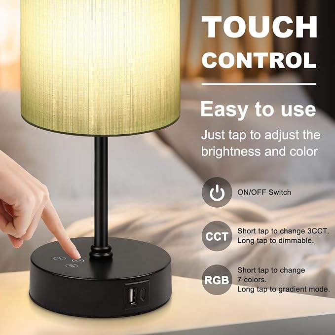 Table Lamp for Bedroom, 3 Color Temperatures, 7 RGB Colors, Adjustable Brightness, Dual USB Charging Ports, Ambience Nightstand Light with Blue Shade, Desk Lamp for Kids Reading Home Office