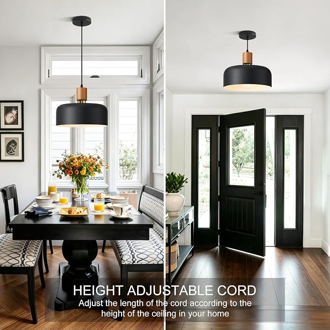 11.6" Black Pendant Light, Walnut Oak Wood & Brass Metal Drum Shade