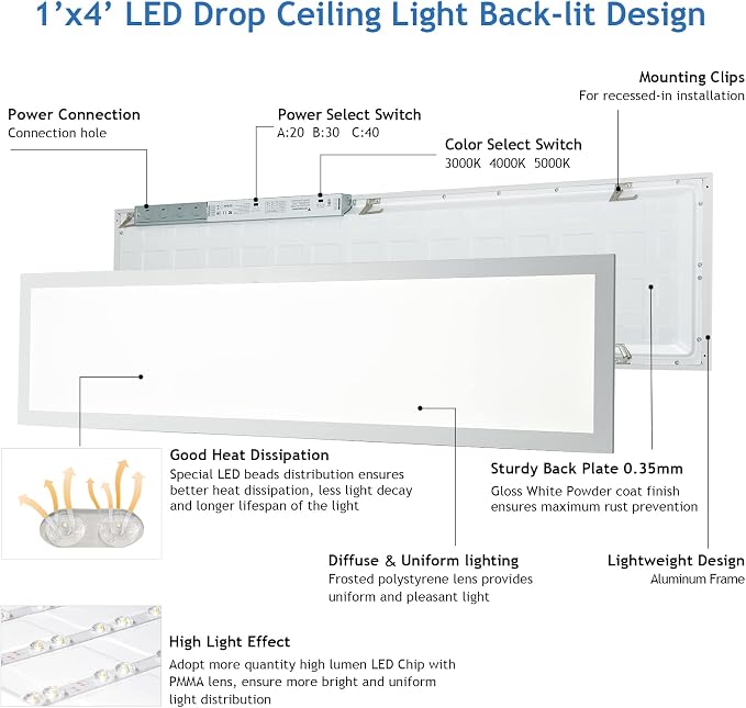 CycevSun 1x4 FT LED Flat Panel Light Drop Ceiling, 0-10V Dimmable, 4 Pack | 3 Color Selectable, 20W-30W-40W Selectable, 4400LM, Ultra-thin, 120-277V, ETL Listed, FCC, Shop, Commercial