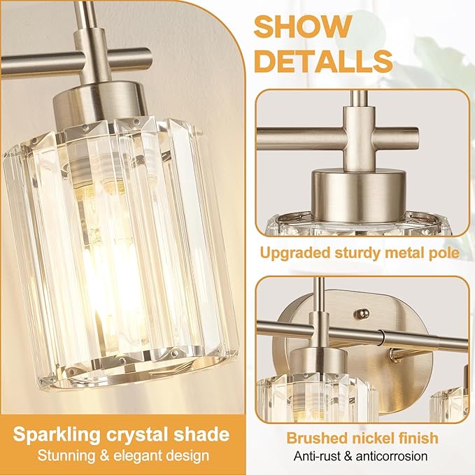 Modern Crystal Vanity Light Fixtures, 4-Light Brushed Nickel Bathroom Vanity Lighting Over Mirror, Bathroom Light Fixture with K9 Clear Crystal Shades for Bedroom, Living Room, Hallway