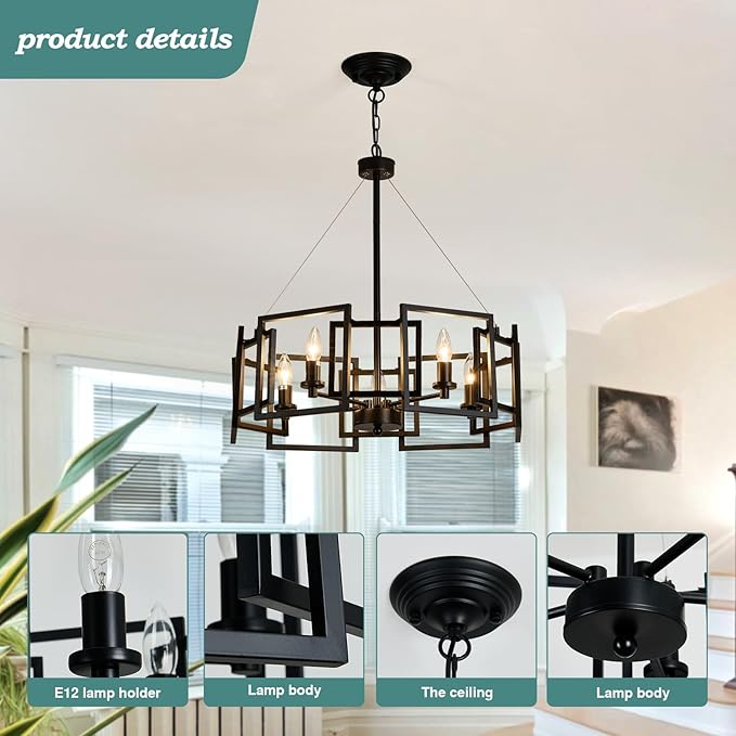ZGLAOJT Modern Chandelier Black Geometric Pendant Lighting Fixture 5-Light Metal Farmhouse Chandelier for Dining Room Living Room entryway Kitchen Bedroom Island