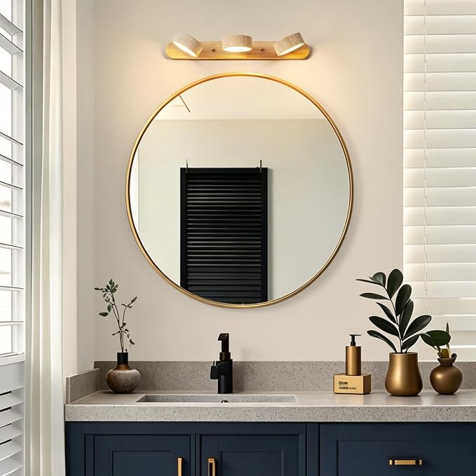 Natural Wood Bathroom Vanity Light with with 3 Travertine Stone Shades, 19.68in LED Bathroom Light with Solid Wood Base, Modern Rustic Vanity Light Fixture for Bathroom Light Over Mirror, Hallway