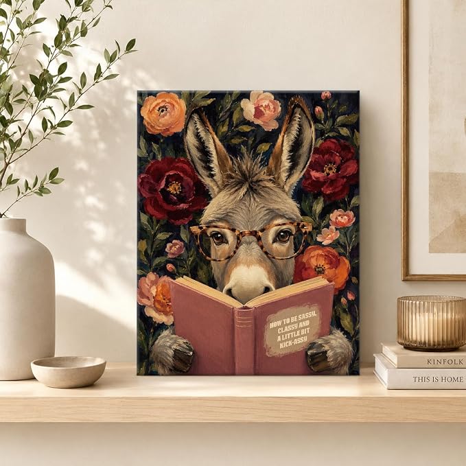 NSFBESSLIA Funny Reading Donkey Painting, Whimsical Floral Animal Decor, How To Be Sassy Classy And A Little Bit Kick-Assy, Wall Art for Living Room Bedroom Entryway, 8x10 Inch