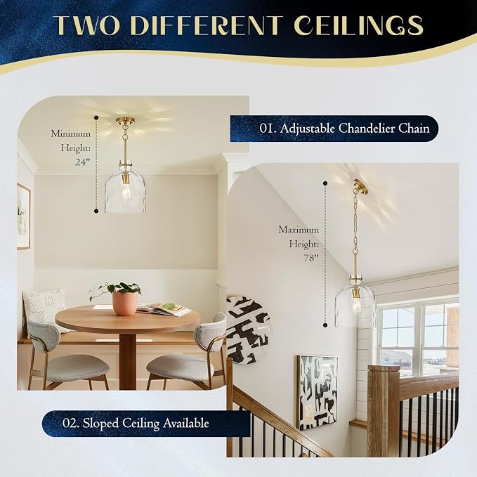 Modern Gold Pendant Light – 10" Dome Glass Hanging Light Fixture, Single E26 Pendant Lighting for Kitchen Island, Dining Room, Bedroom, Hallway, Adjustable Ceiling Lamp