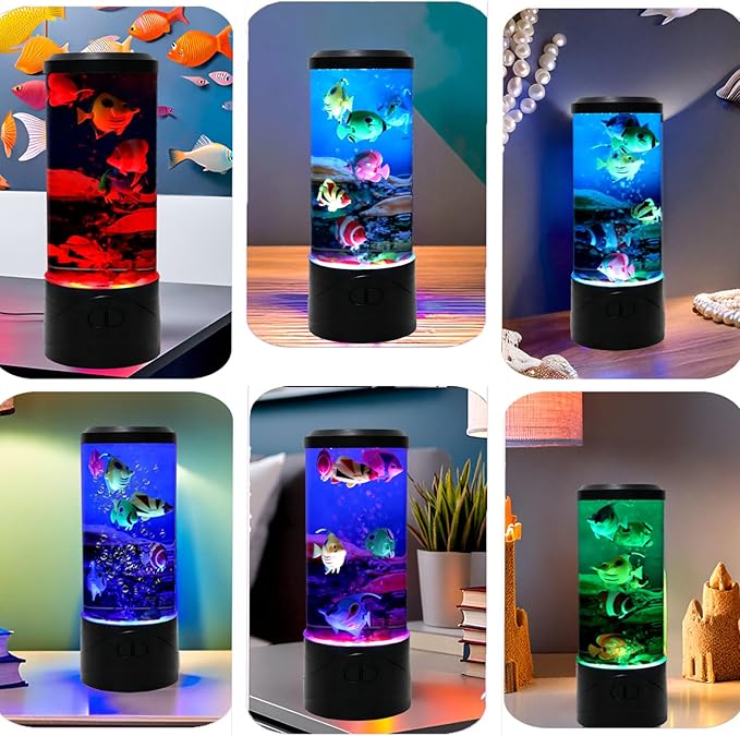 YPCOO Mini Bubble Fish Lamp,Fake Fish Tank Aquarium Lamp,Multi-Color Changing Aquarium Light with 6 Artificial Fish Night Lights-for Home Office Living Room Decor Gifts for Kids Adults (with 6 fishs)