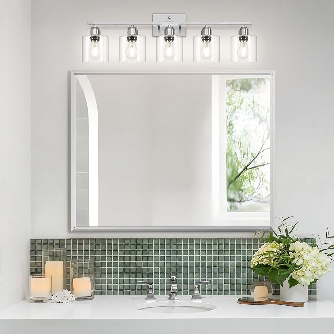 Modern Brushed Nickel 5 Light Bathroom Vanity Light, 31 inch Bathroom Light Fixtures, Vanity Lights for Bathroom with Clear Glass for Mirror Kitchen Living Room Hallway Cabinet Porch