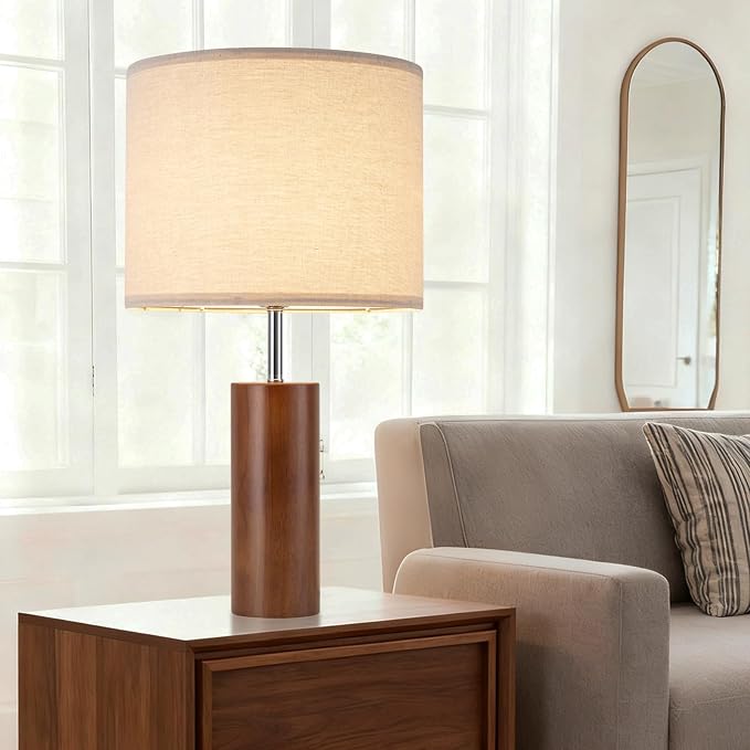 lapupu 23.5" Wood Table Lamps Set of 2 for Living Room, Vintage Farmhouse Bedside Lamps for Bedroom, Large Round Desk Lamps for End Table Nightstand, Walnut Wood