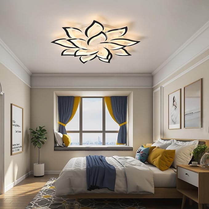 Garwarm 39.3" Modern LED Low Profile Flush Mount Ceiling Light, Dimmable | Black Acrylic Flower 14 Petal Ceiling Light with Remote, 3000K-6500K, Memory for Living Room,Primary Bedroom and Dining Room