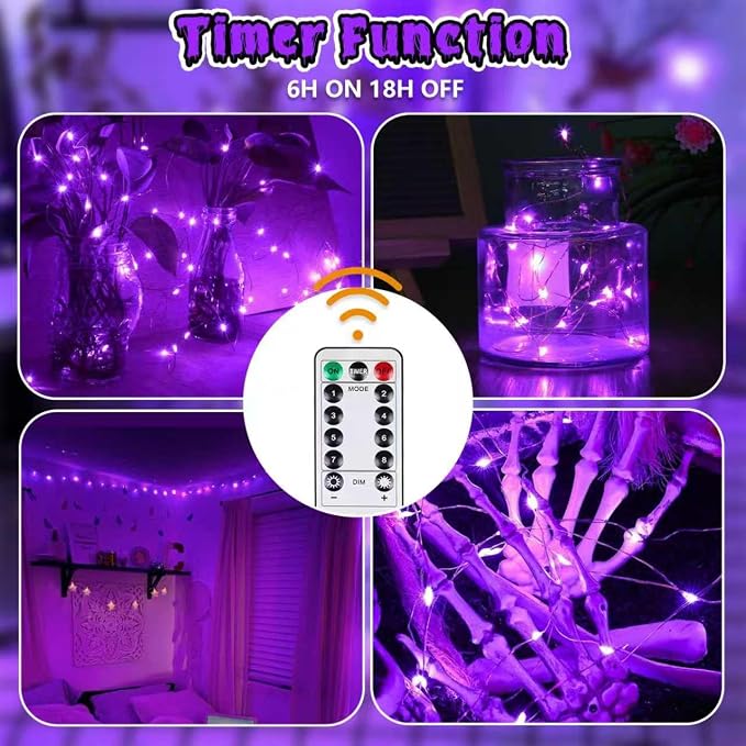 3 Pack Fairy Lights Battery Operated Halloween String Lights Remote Purple | Each 80LED 26FT, 8 Modes & Timer, Waterproof Wire, Twinkle Lights String for Halloween Horror Party Tree Indoor Outdoor Decor