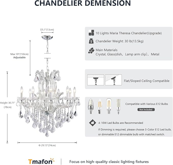 Modern Crystal Chandelier Light Fixtures - Luxury Maria Theresa Chrome Chandeliers for Dining Room, Kitchen Island, Living Room, Bedroom, 10 Lights