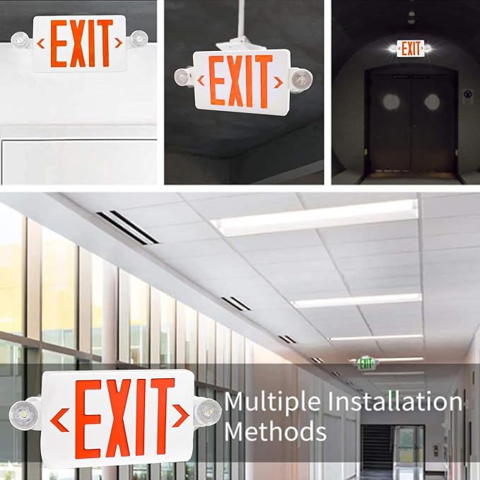 LED Exit Sign with Emergency Lights Dual LED Exit Light,Battery Backup | Two Bright LED Adjustable Heads Emergency Exit Lights, Hardwired Dual LED Combo Exit Lamp. ABS Fire Resistance UL, Red