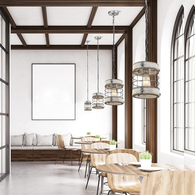 Retro Industrial Metal and Wood Chandelier 1-Light Round Cage Pendant Light Fixture for Kitchen Island Foyer Hallway Bar Dining Room Restaurant, D 7.9" x H 8.7" (White)